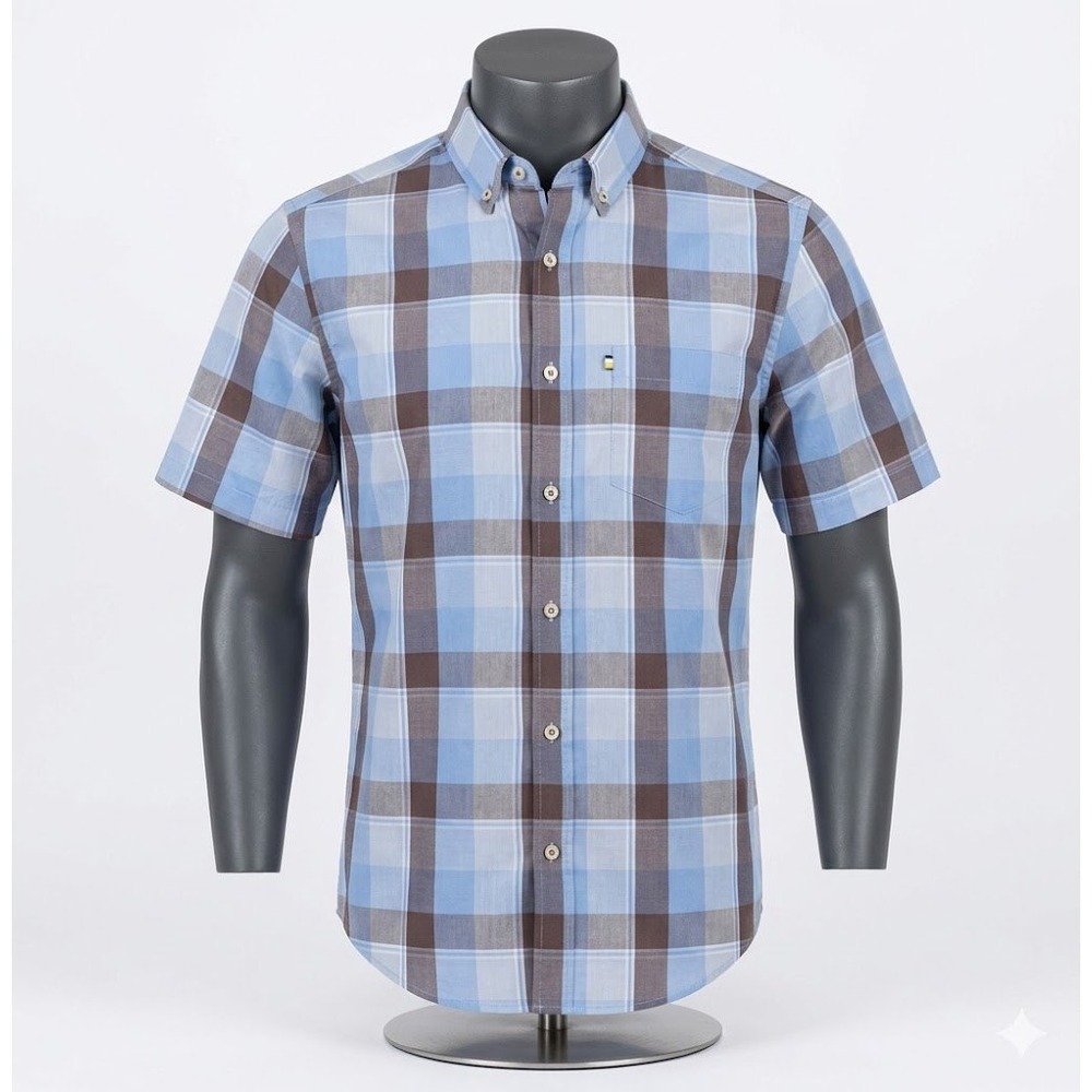 Mason James Mens Small Blue Brown Plaid Short Sleeve Stretch Button Down‎ Shirt